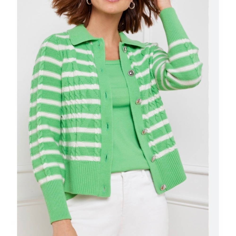 Talbots NWT Green/White Striped Cable Knit Button Front‎ Cardigan Sweater